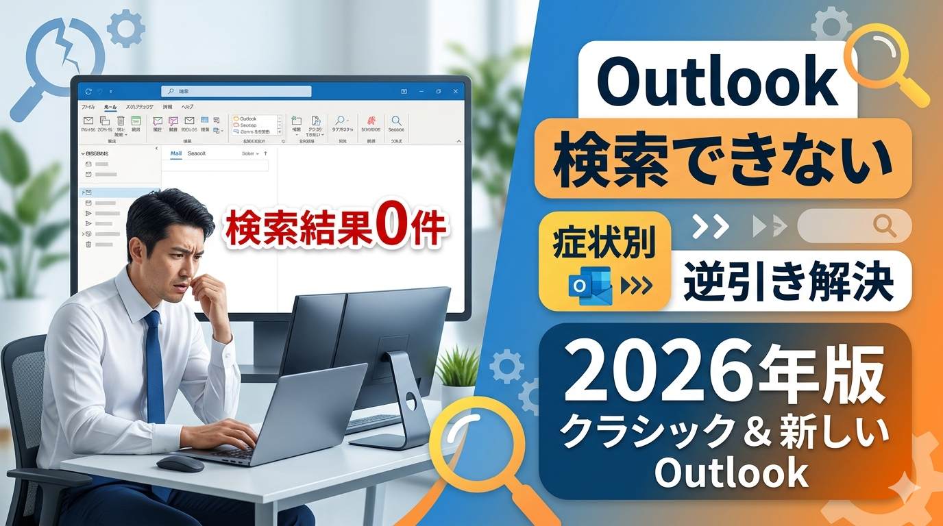 Outlookでメール検索ができず悩む男性と、解決策を提示するテキストを配した、2026年版のブログ記事用サムネイル画像。「Outlook 検索できない」「症状別 逆引き解決」「クラシック＆新しい Outlook」の文字が並ぶ。