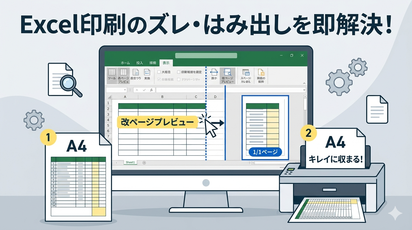 Excelの印刷で右端が切れる・はみ出る問題を解決する「改ページプレビュー」の操作図解。PC画面上の青い線をドラッグしてA4サイズ1枚に収める手順のイメージ。