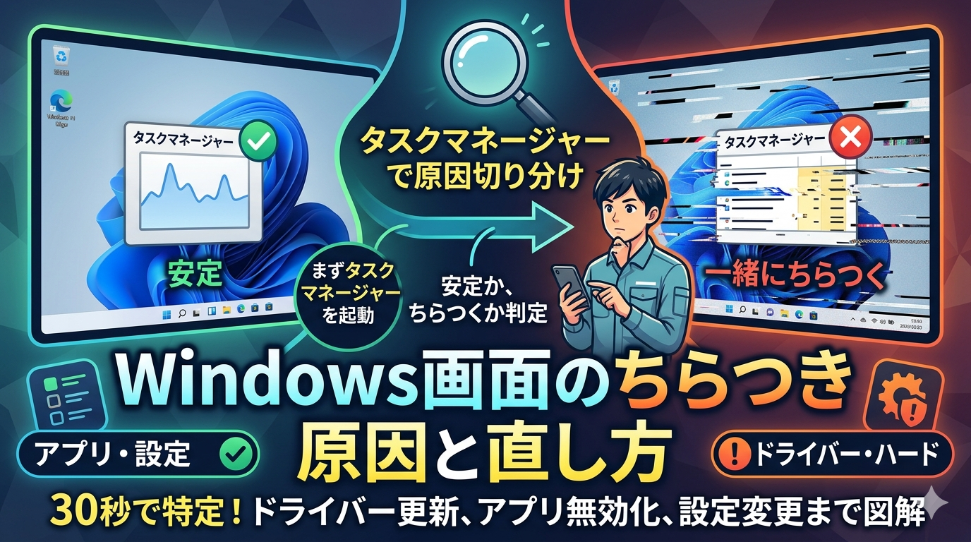 Windowsの画面がちらつく原因をタスクマネージャーで特定する手順の解説図。左側に正常な画面、右側にノイズの走る画面を配置し、ドライバーとアプリのどちらが原因かを見極めるフローを表現