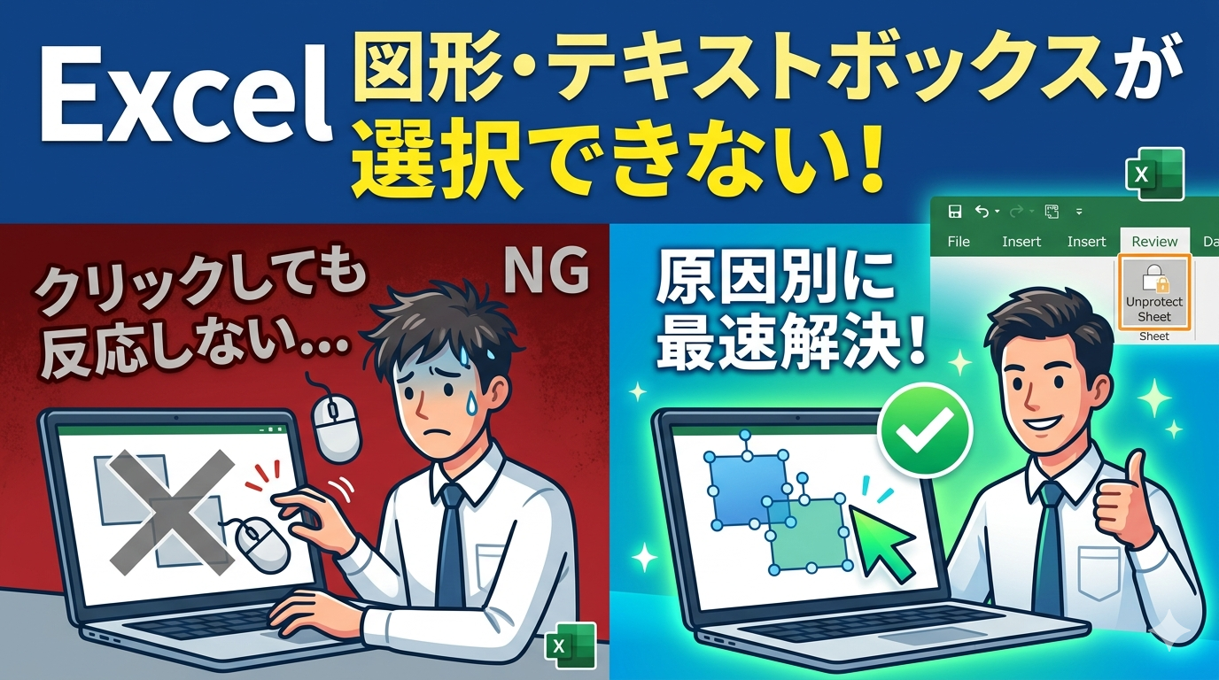 Excelで図形が選択できず困る男性（左・赤背景）と、原因別に解決してスムーズに操作する男性（右・青背景）を対比したイラスト。上部には『Excel 図形・テキストボックスが選択できない！』の大きな見出し。