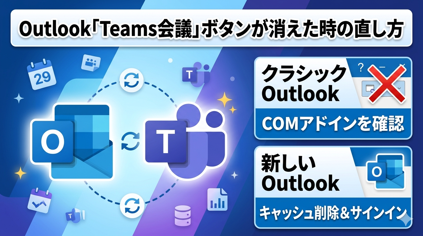 Microsoft OutlookとMicrosoft Teamsのアイコン、そして「Outlook「Teams会議」ボタンが消えた時の直し方」というテキストを含む、情報満載のサムネイル画像。画像は、問題（消えたボタン）と、クラシック版と新しいOutlookの両方に対する解決策を視覚的に示している。