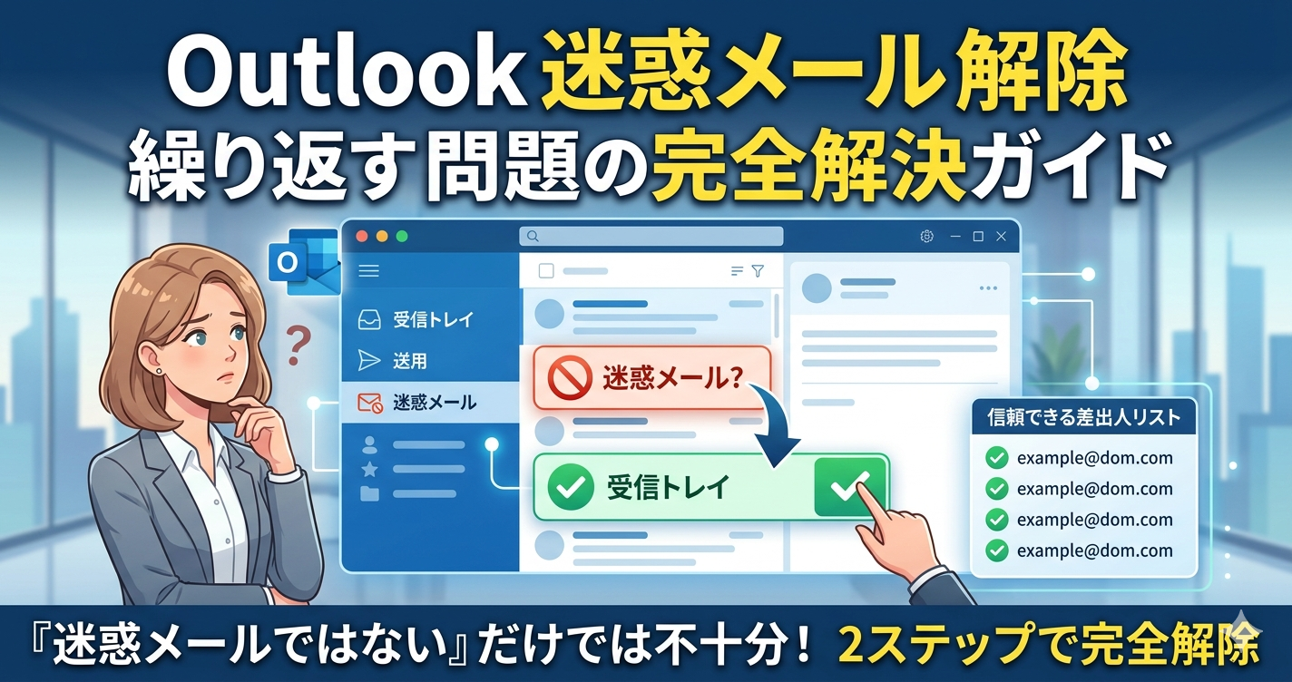 Outlookで迷惑メール解除を繰り返す問題の解決ガイド。操作画面のイラストと、迷惑メールから受信トレイへ移動し、信頼できる差出人リストへ登録する2ステップの図解