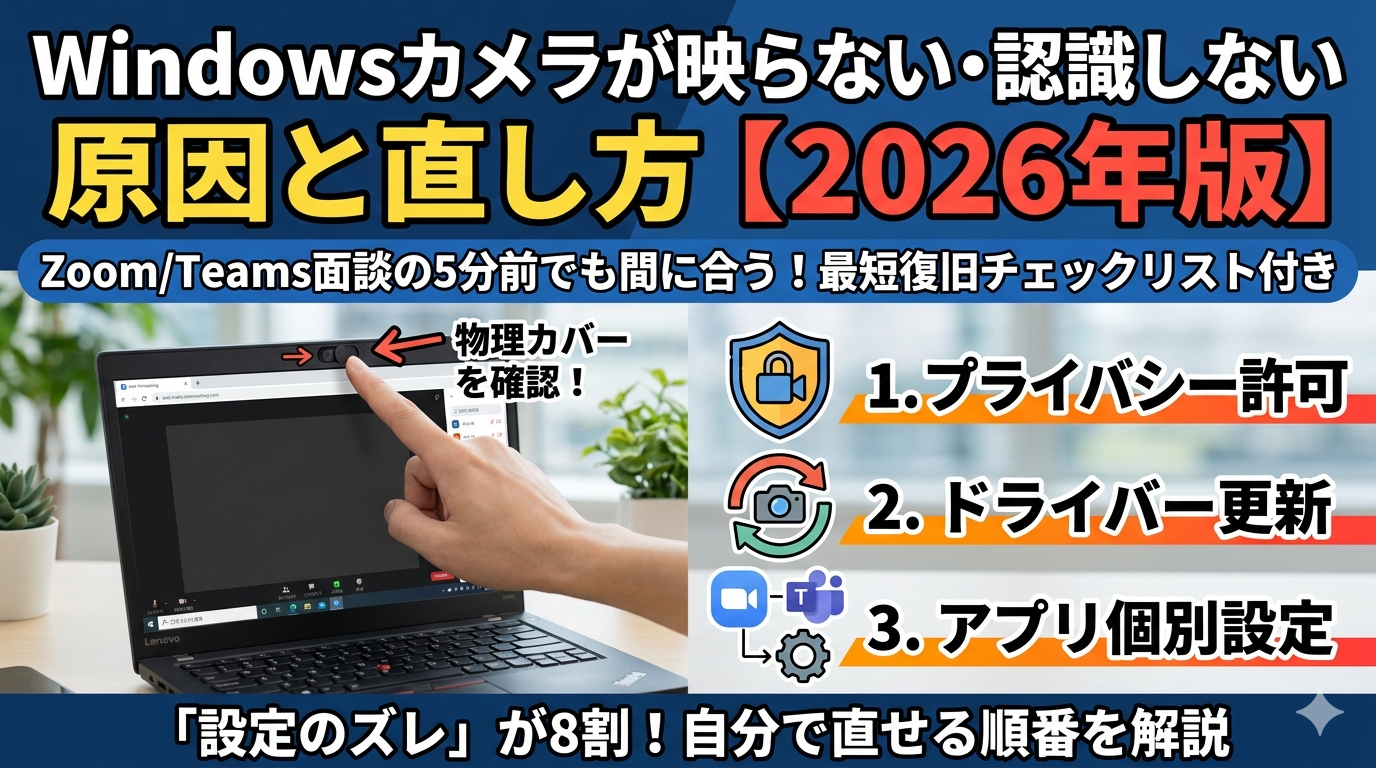 Windowsカメラが映らない・認識しない原因と直し方の図解サムネイル。物理カバー、プライバシー設定、ドライバー更新の3ステップを解説。