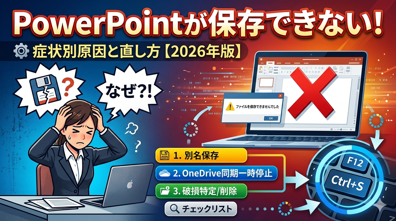 PowerPointが保存できないトラブル解決サムネイル。左側に頭を抱えるビジネスマンと右側に赤色で強調されたキーボードのF12キーとCtrl+Sキー。下部に『症状別逆引き』として1. 別名保存、2. OneDrive同期一時停止、3. 破損特定/削除の手順への案内アイコン