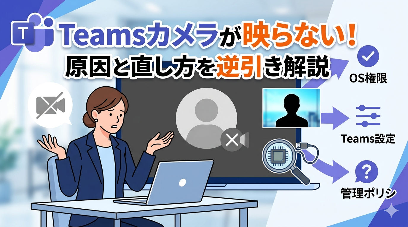Teamsでカメラが映らず困っているビジネスパーソンのイラスト。PC画面にはエラーアイコンが表示され、右側にはOS権限・Teams設定・管理ポリシーという3つの解決ルートが図解されている。