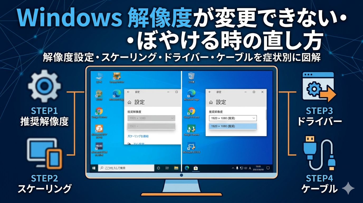 「Windows 解像度が変更できない・ぼやける時の直し方」というタイトルと、左側（ぼやけた画面・グレーアウトした設定）と右側（鮮明な画面・推奨解像度の選択）の比較、さらに解決のための4つのステップ（推奨解像度、スケーリング、ドライバー、ケーブル）がアイコンで描かれたトラブル解決の記事用サムネイル画像