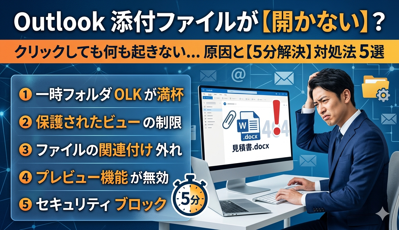 Outlookの添付ファイルが開かない原因と対処法5選。パソコンの前で困る男性と解決策のリストが描かれたアイキャッチ画像