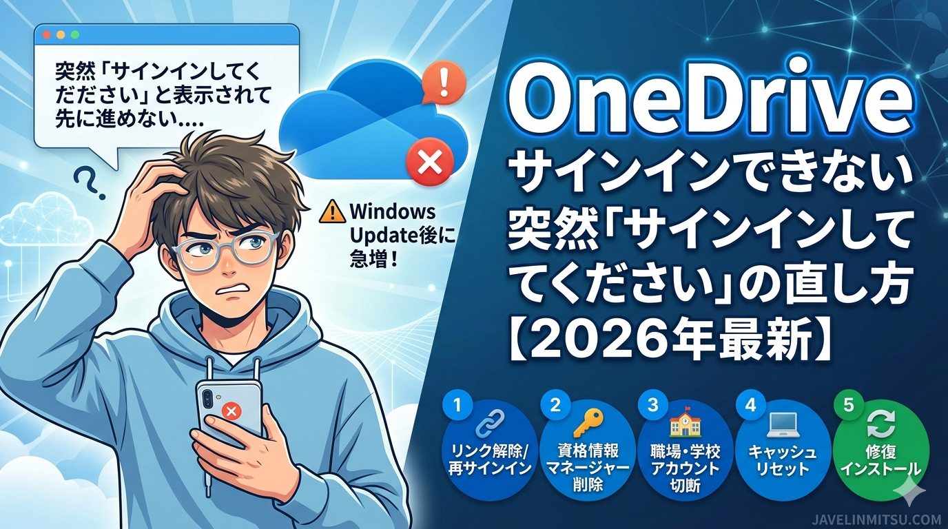 OneDrive サインインできない 突然「サインインしてください」の直し方【2026年最新】。Windows Update後のエラーを解決する5つの手順（資格情報マネージャー、キャッシュリセットなど）を解説。