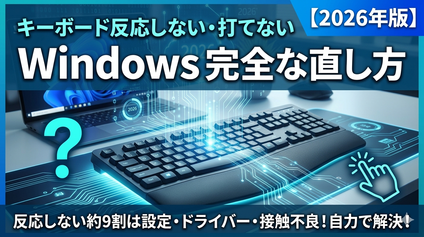 キーボードが反応しない・打てないWindowsの直し方を解説した2026年版のアイキャッチ画像。設定、ドライバー、接触不良が原因の9割であることを示すテキスト入り。
