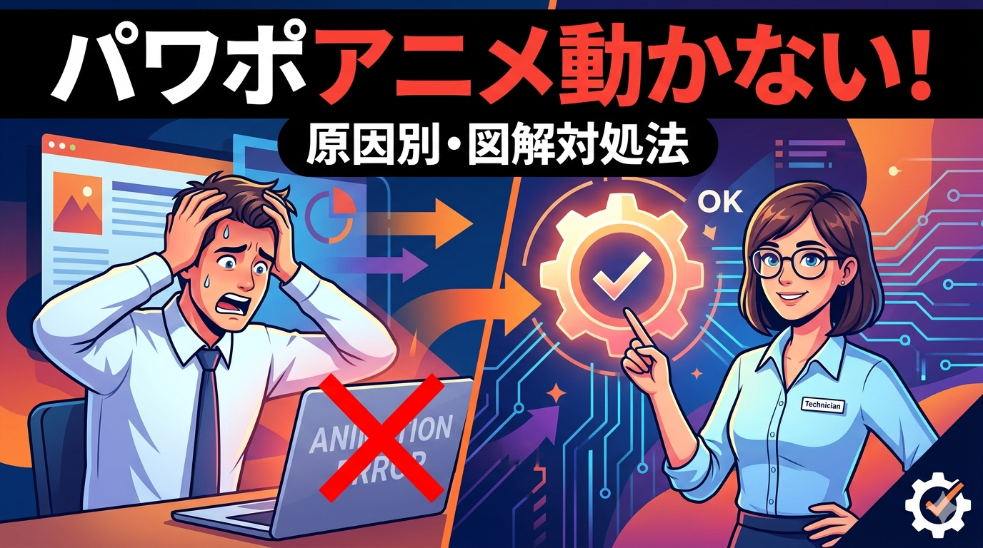 PowerPointでアニメーションが動かない原因と対処法を図解で解説するサムネイル。焦る男性と解決策を提示する女性のイラスト。