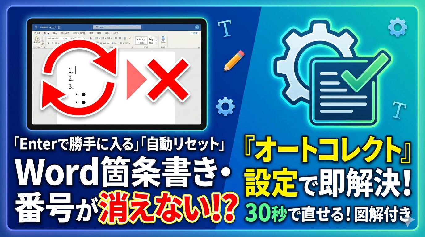 Wordの箇条書きや段落番号が自動で入る・消えないトラブルの解決方法を解説したアイキャッチ画像。左側に「番号が消えない!?」という悩み、右側に「オートコレクト設定で即解決！」という解決策と設定アイコンを配置した図解デザイン。