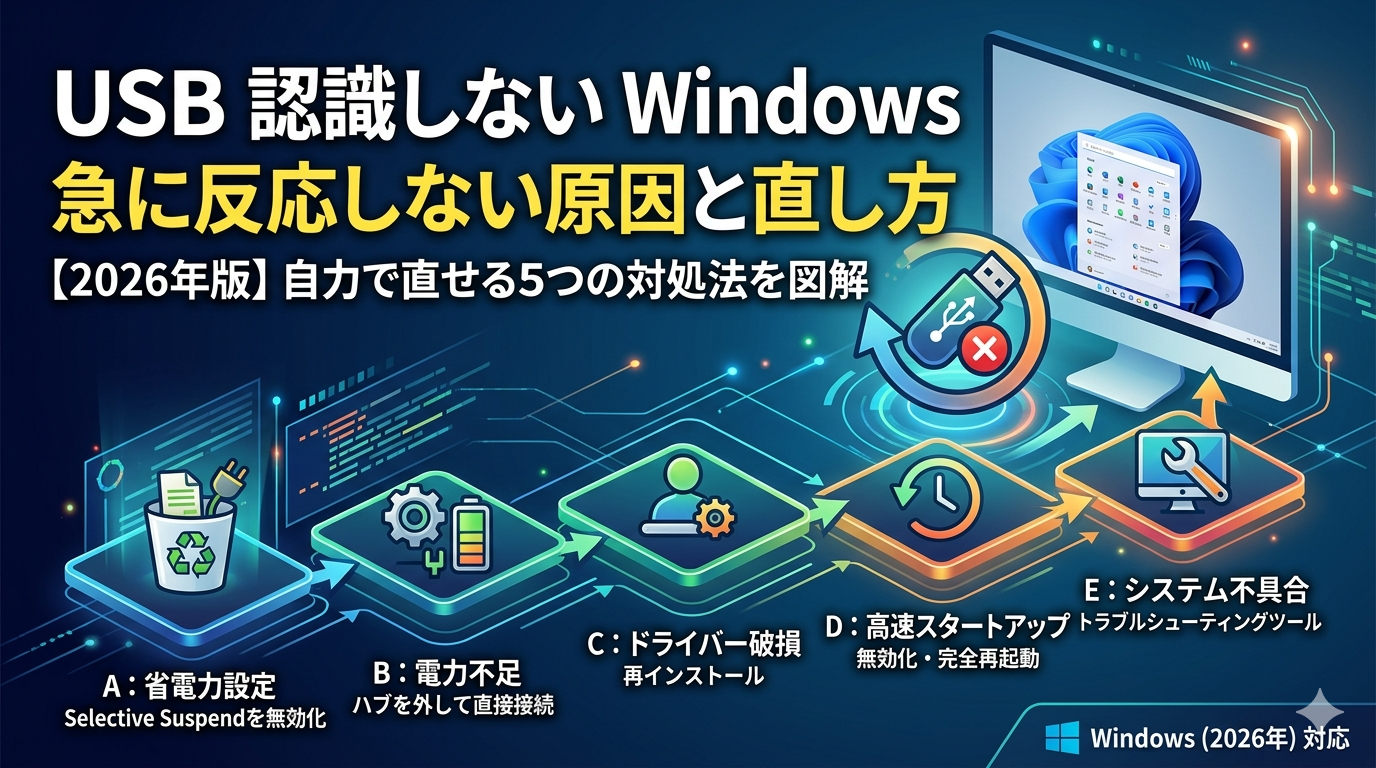 WindowsでUSBが認識しない・急に反応しない原因と5つの対処法（省電力設定、電力不足、ドライバー再インストール、高速スタートアップ無効化、トラブルシューティング）をステップ別に解説した図解アイキャッチ画像。2026年最新版。