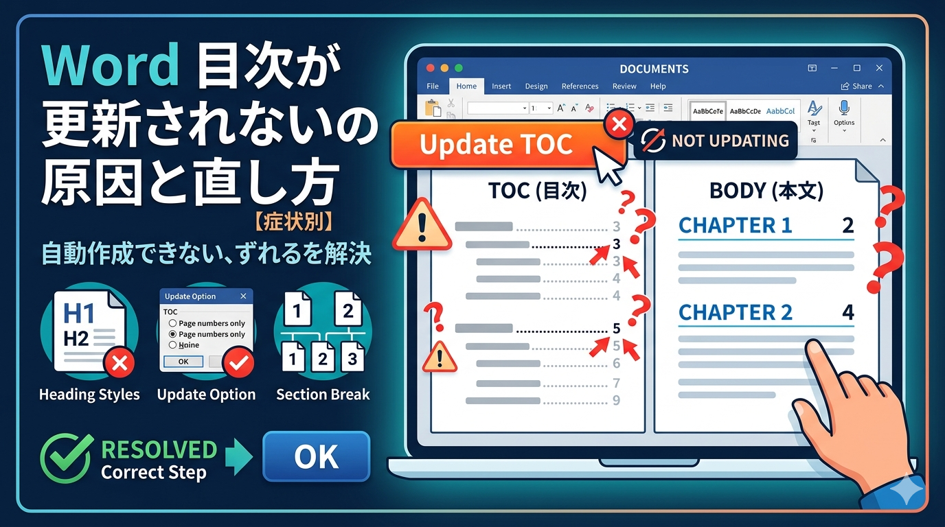 Wordの目次が更新されない・自動作成できない原因と直し方を解説するアイキャッチ画像。パソコン画面にWordの目次設定（見出しスタイル、更新オプション、セクション区切り）のポイントがアイコン化されており、『Word 目次が更新されない原因と直し方【症状別】』という日本語のタイトルが入っています。