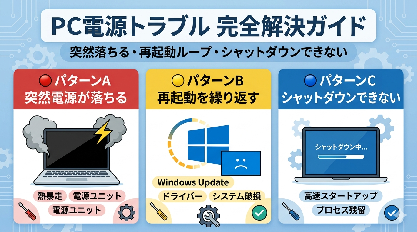 PC電源トラブルを3つのパターン（突然電源が落ちる・再起動を繰り返す・シャットダウンできない）に分類し、それぞれの主な原因を図解した解説画像