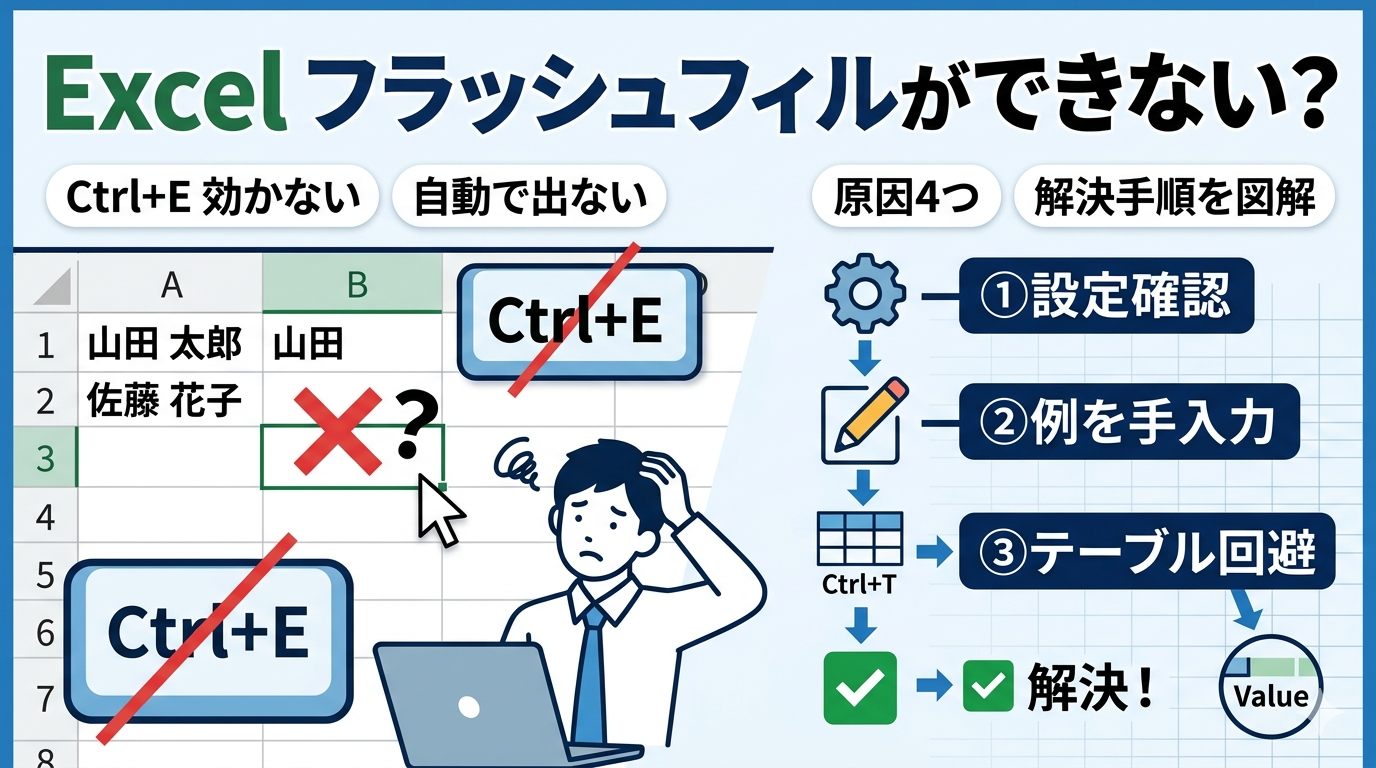 alt="Excelフラッシュフィルのトラブル対策サムネイル。「できない・出てこない・Ctrl+Eが効かない」の文字とともに、設定確認、例を手入力、テーブル回避といった症状別の解決フローや、オートフィルとの違いが描かれた解説画像。"