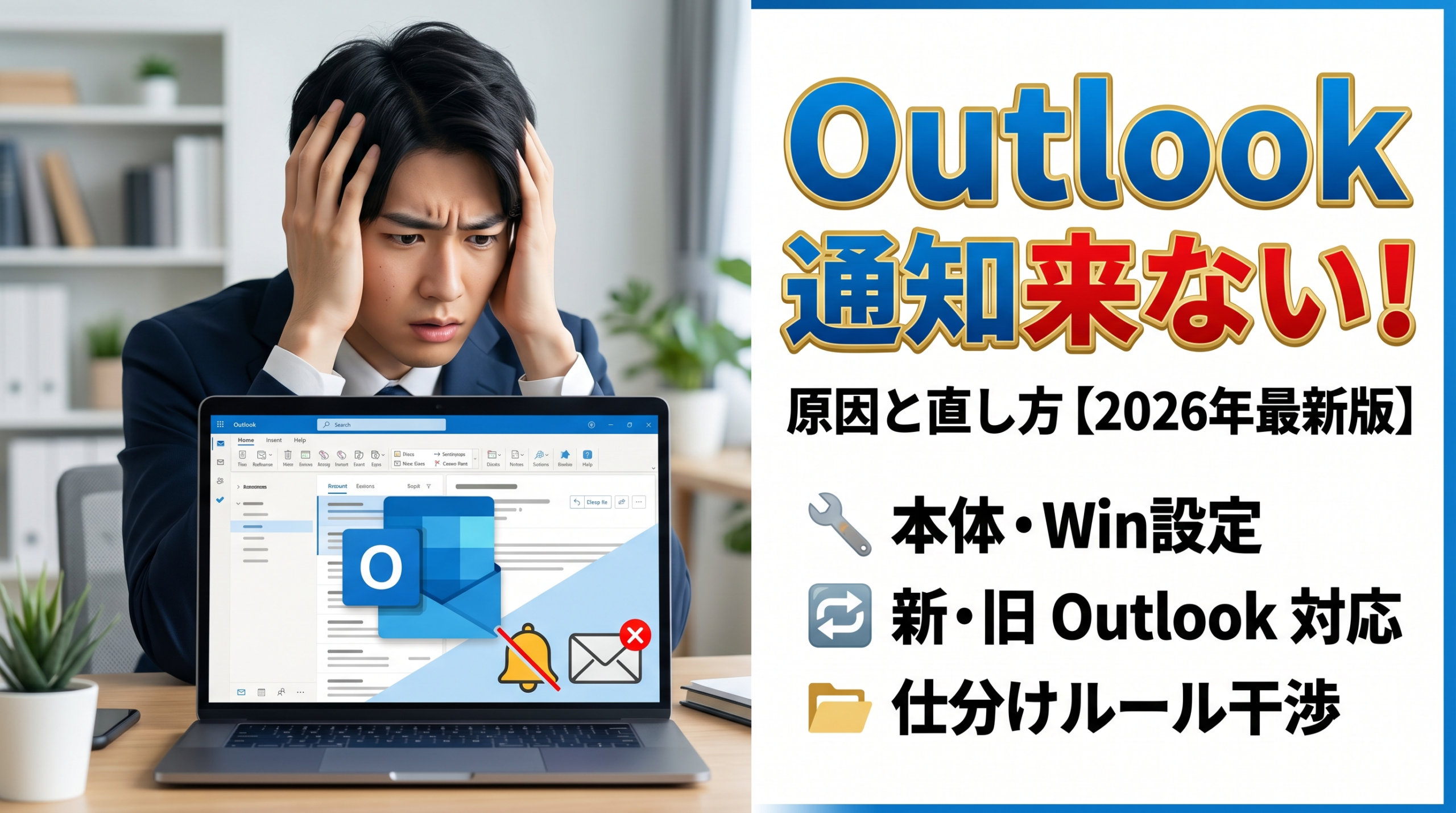 Outlook通知が来ない原因と解決策を解説する2026年最新版記事のサムネイル画像。左側にデスクで頭を抱えて焦る日本人男性ビジネスマンと、通知がブロックされたPC画面。右側に「Outlook 通知来ない！ 原因と直し方【2026年最新版】」の見出しと、3つの解決ポイント「本体・Win設定」「新・旧 Outlook 対応」「仕分けルール干渉」の箇条書きテキスト。
