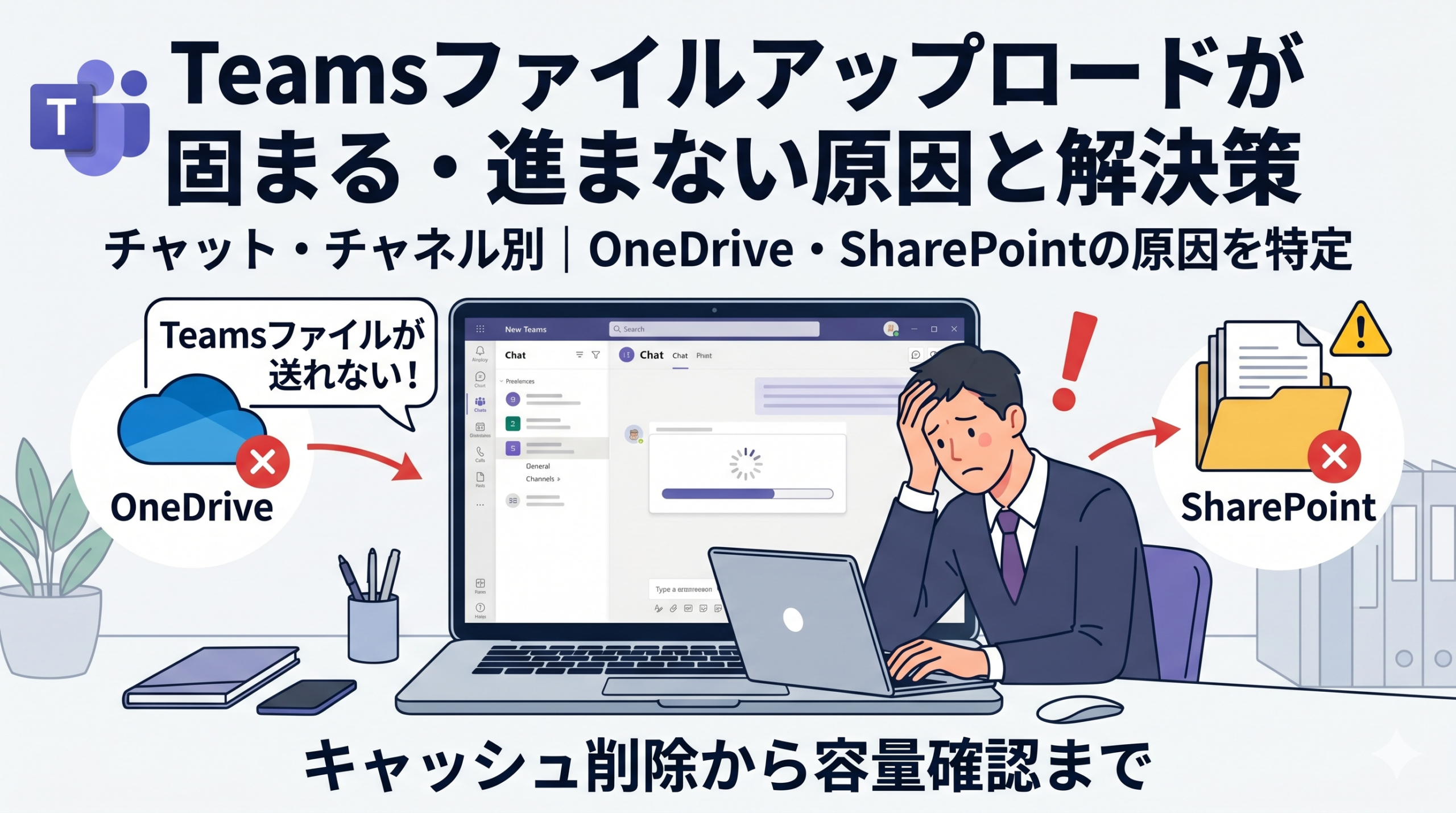 Teamsファイルアップロードが固まる・進まない原因と解決策。チャットとチャネルの保存先（OneDrive・SharePoint）の違いによるエラーを図解。