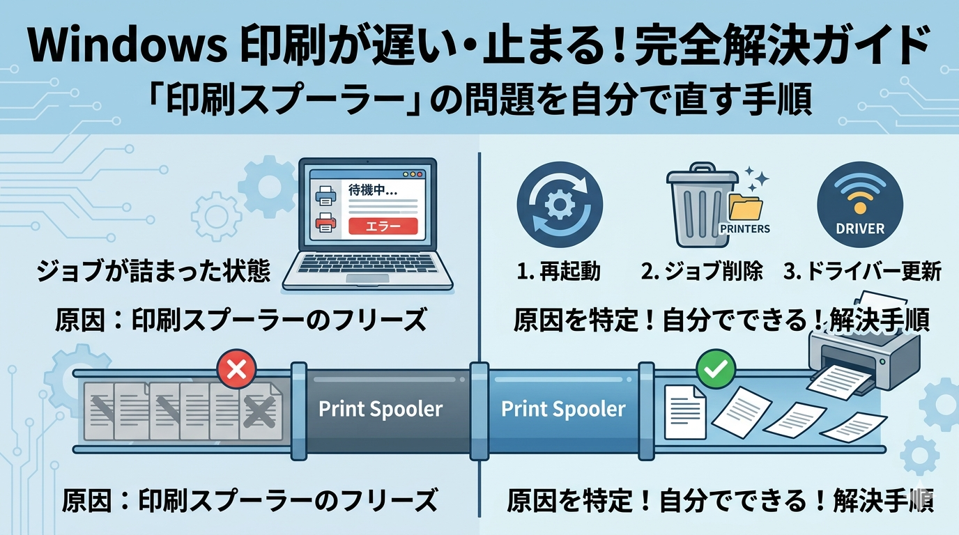 Windowsの印刷トラブル解決ガイドのサムネイル画像。印刷スプーラーにジョブが詰まった状態と解消された状態の比較図や、「1.再起動」「2.ジョブ削除」「3.ドライバー更新」という3つの具体的な解決手順がアイコン付きで描かれている。