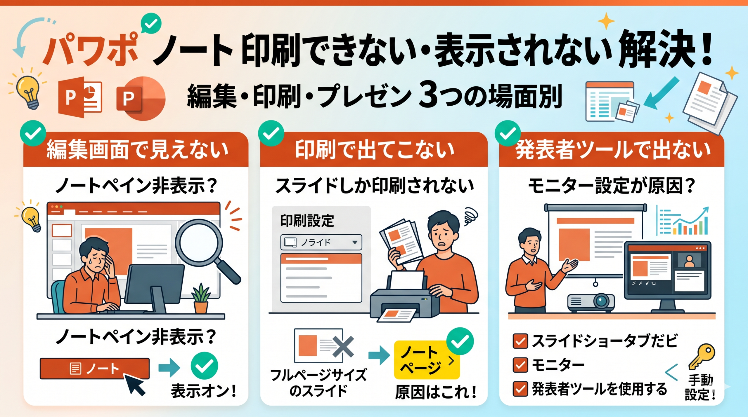 ノートが印刷されず困っている様子と、PowerPointの印刷レイアウト設定画面のイメージ