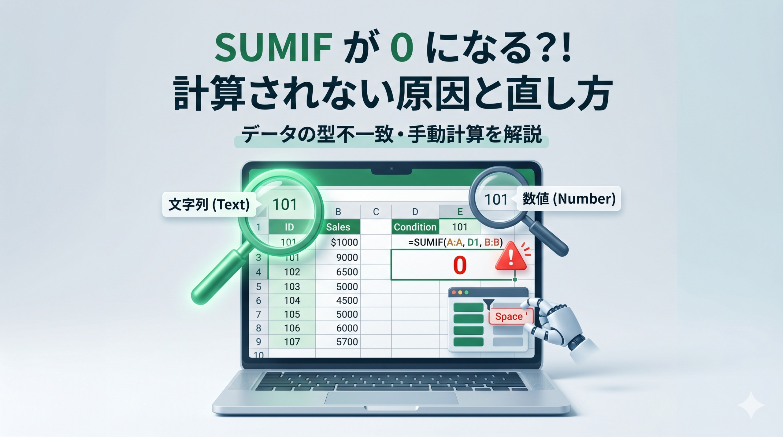 alt="ExcelのSUMIF関数の結果が0になる原因（データ型の不一致やスペース混入）と解決手順のイメージ"