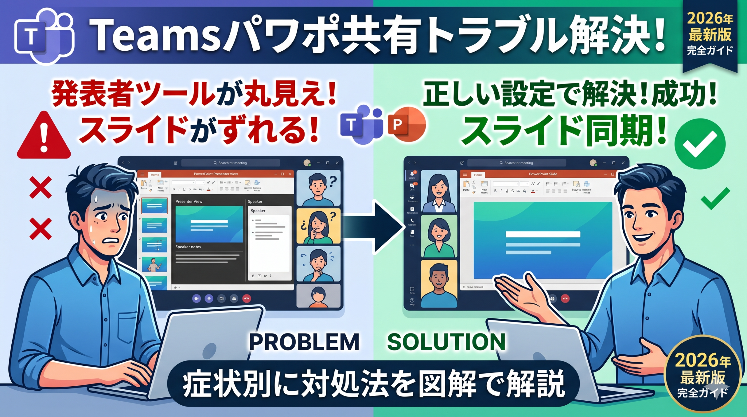 alt="TeamsでPowerPoint共有時のトラブル（発表者ツールの丸見え、スライドのずれ）とその解決方法を比較図解したサムネイル画像"