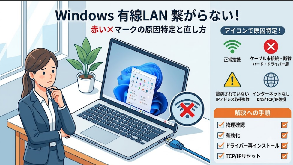 Windowsの有線LANが繋がらない原因と直し方の手順をまとめたサムネイル画像