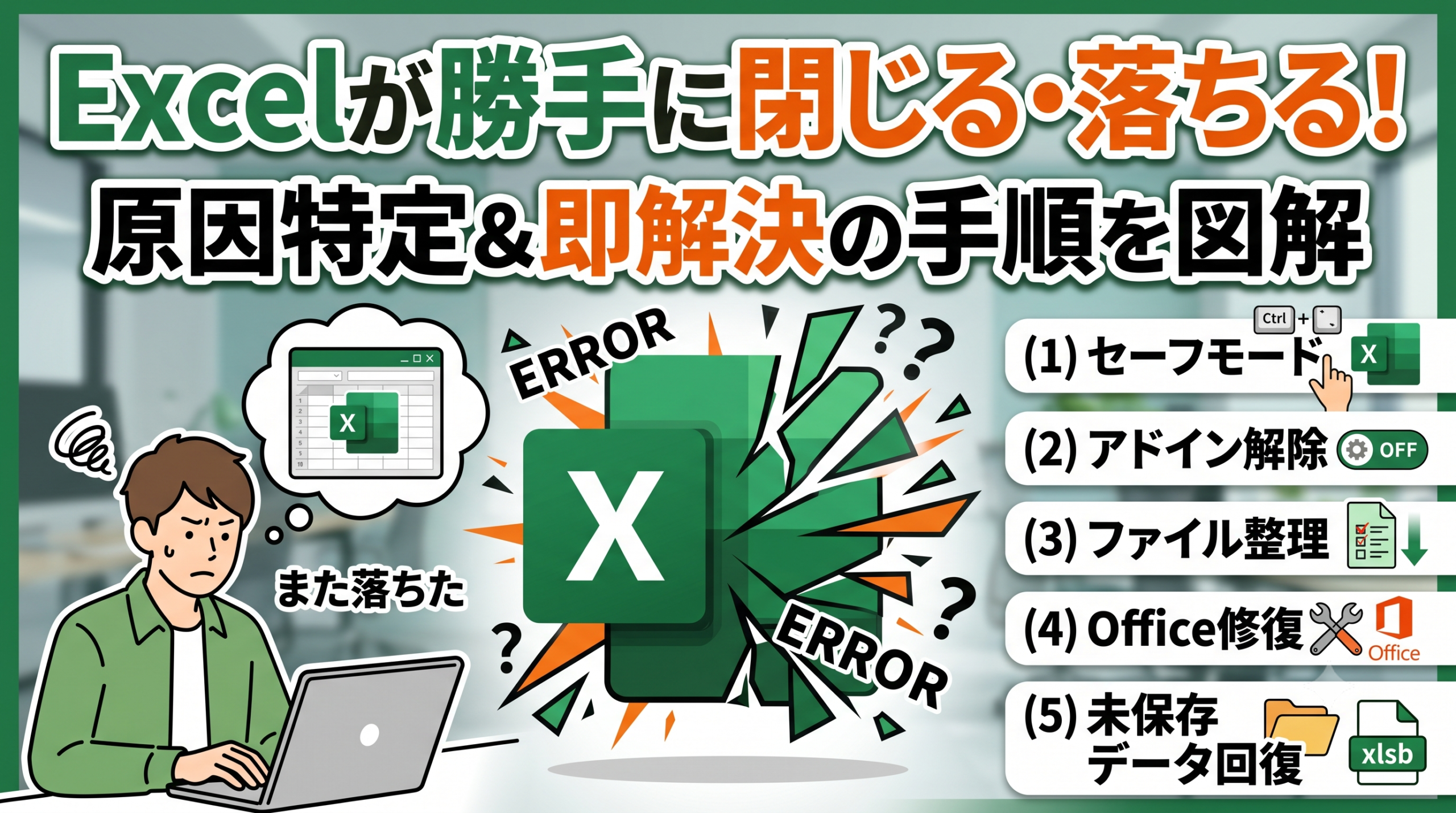 Excelが勝手に閉じるエラーに悩むユーザーのイラストと、セーフモード起動やアドイン解除など5つの解決ステップを示したアイキャッチ画像