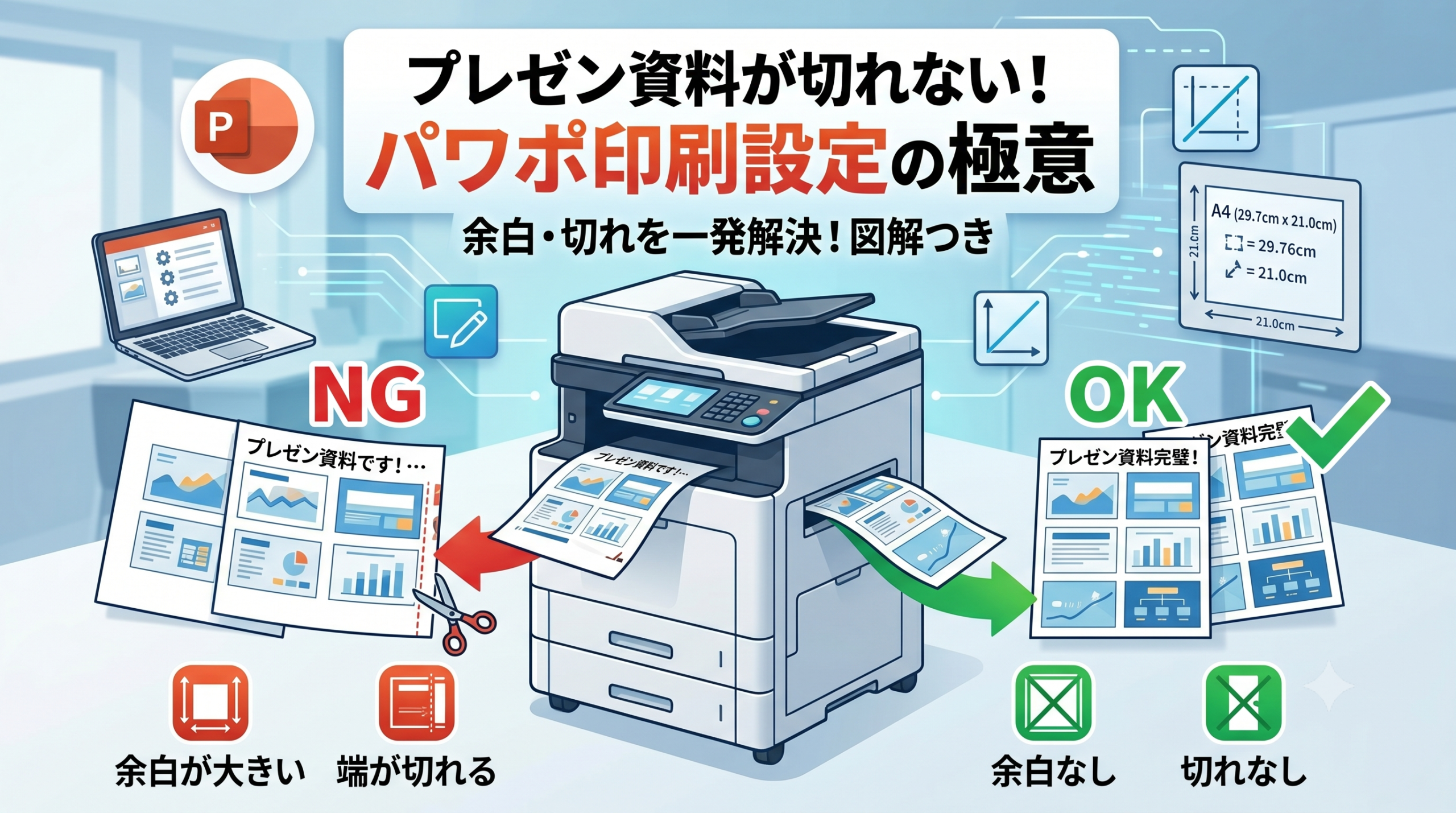 パワーポイントの印刷設定トラブルシューティングガイドのデジタルイラスト。中央のプリンターから、NG（大きな余白、端切れ、ハサミアイコン）とOK（余白なし、切れなし、チェックマーク）の2つの印刷結果フローが伸びている。上部には『プレゼン資料が切れない！パワポ印刷設定の極意』という日本語のバナーがあり、周囲にはパワーポイントの『P』アイコン、ラップトップ、ガイドライン、A4サイズ計量ツールが配置されている。