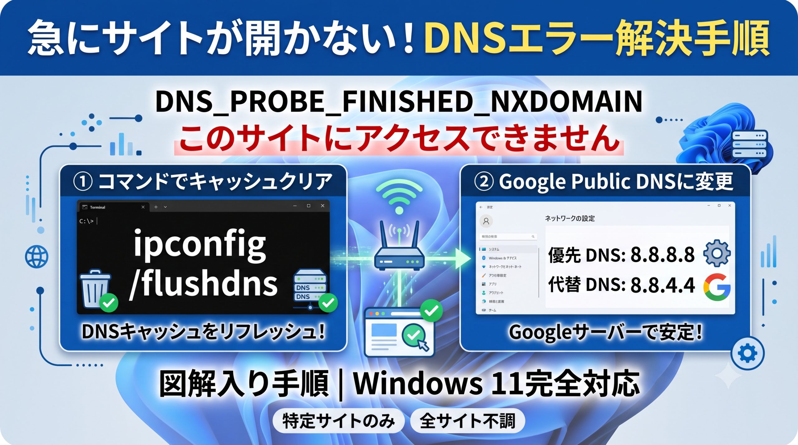 「このサイトにアクセスできません」DNSエラー（DNS_PROBE_FINISHED_NXDOMAIN）の解決手順