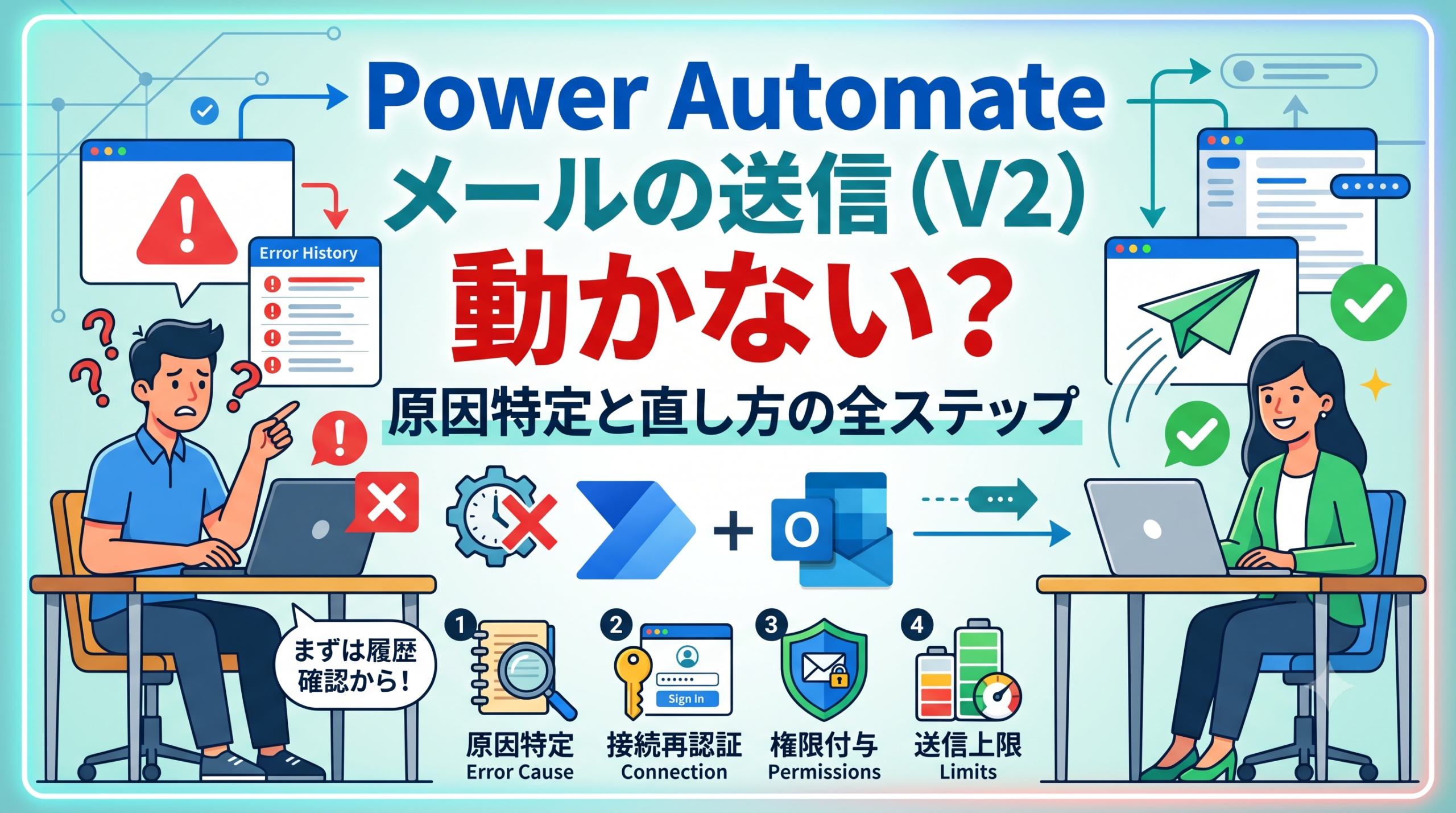 「Power Automate メールの送信（V2）動かない？原因特定と直し方の全ステップ」と書かれた記事のサムネイル画像