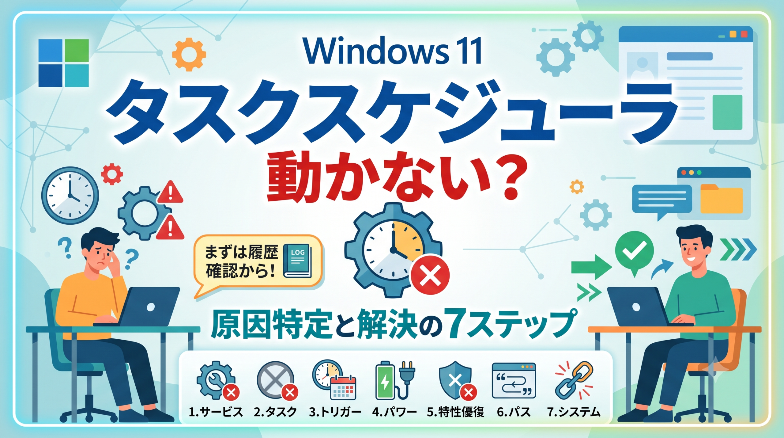 「Windows 11 タスクスケジューラ 動かない？」と書かれた、原因特定と解決の7ステップを解説する記事のサムネイル画像