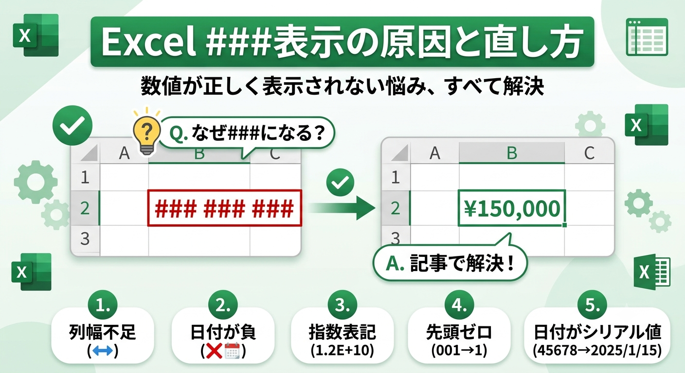 Excelのセルに「###」が表示される原因（列幅不足、日付の負の値、指数表記、先頭ゼロ消え、シリアル値）と、それぞれの直し方をまとめた図解