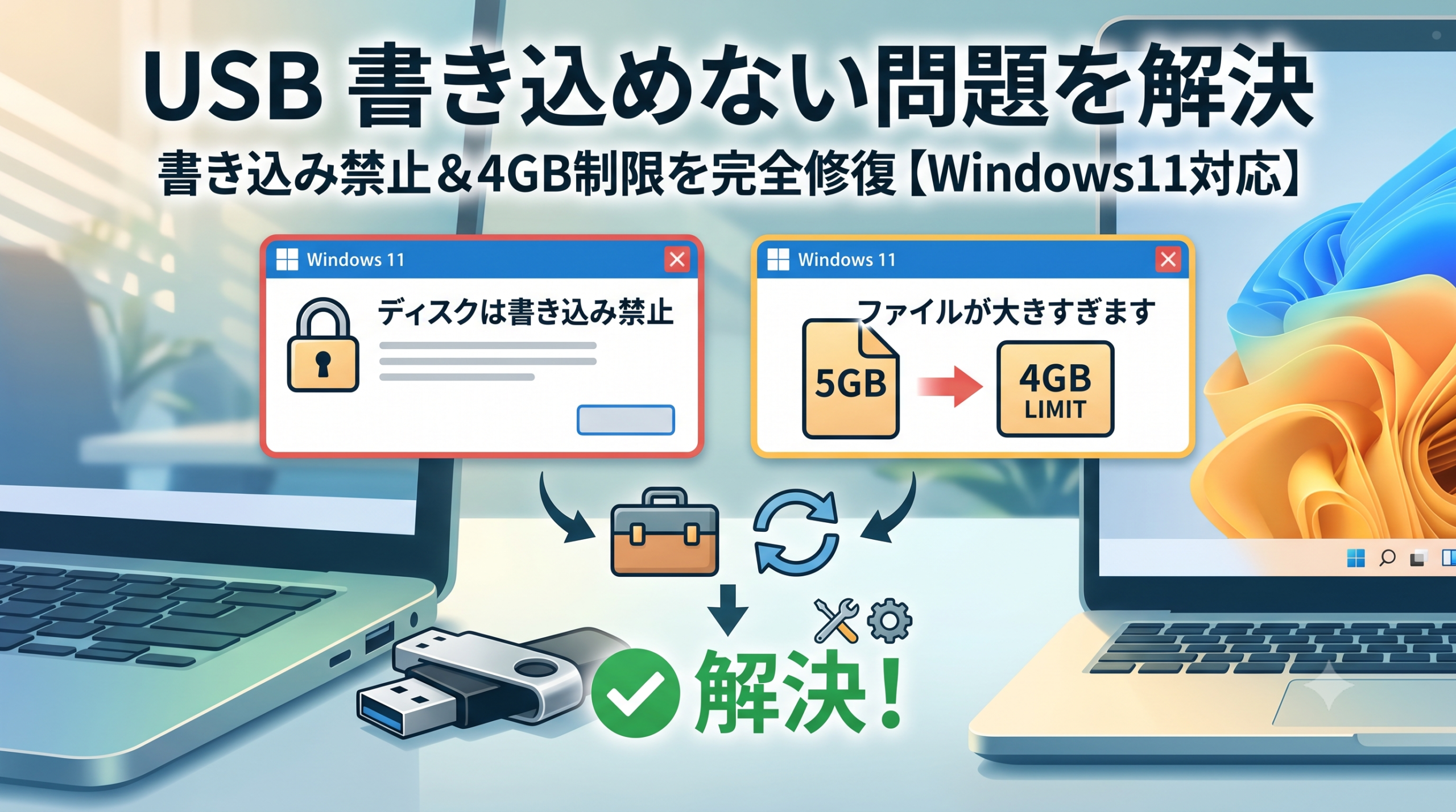 USBメモリの「書き込み禁止」や「4GB制限」エラーをWindows11で解決するイメージ