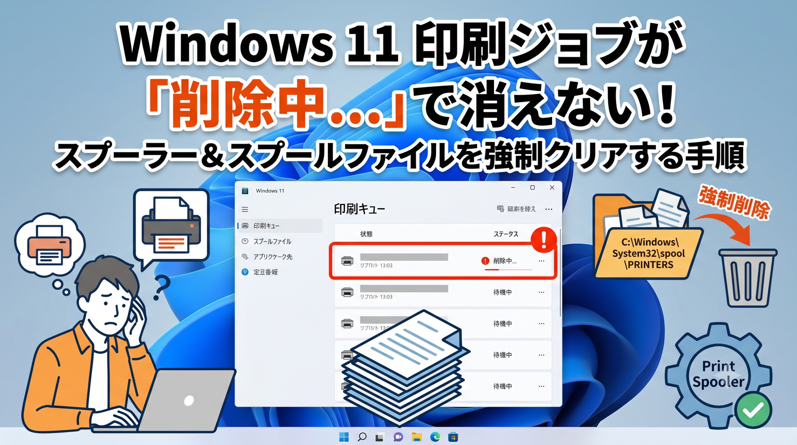 Windows 11で印刷ジョブが削除できないエラー画面と、スプールファイルを強制クリアして解決する手順を示すアイキャッチ画像
