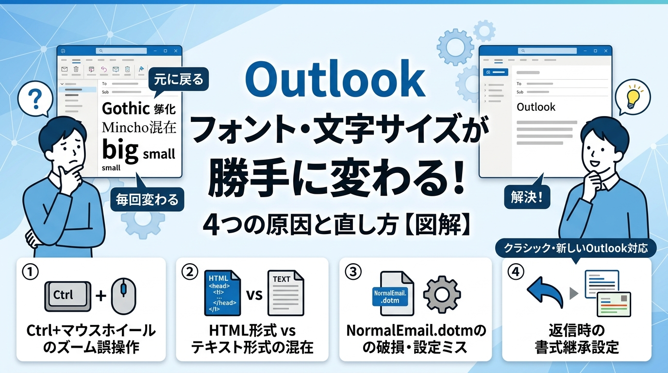 Outlookのフォント問題解決ガイドのサムネイル画像。左側に乱れたフォントに困る男性、右側に解決して整った画面を見る男性が対比で描かれ、下部には「ズーム誤操作」「HTML形式とテキスト形式の混在」「NormalEmail.dotmの破損」「返信時の書式継承設定」の4つの原因がアイコン付きで図解されている。