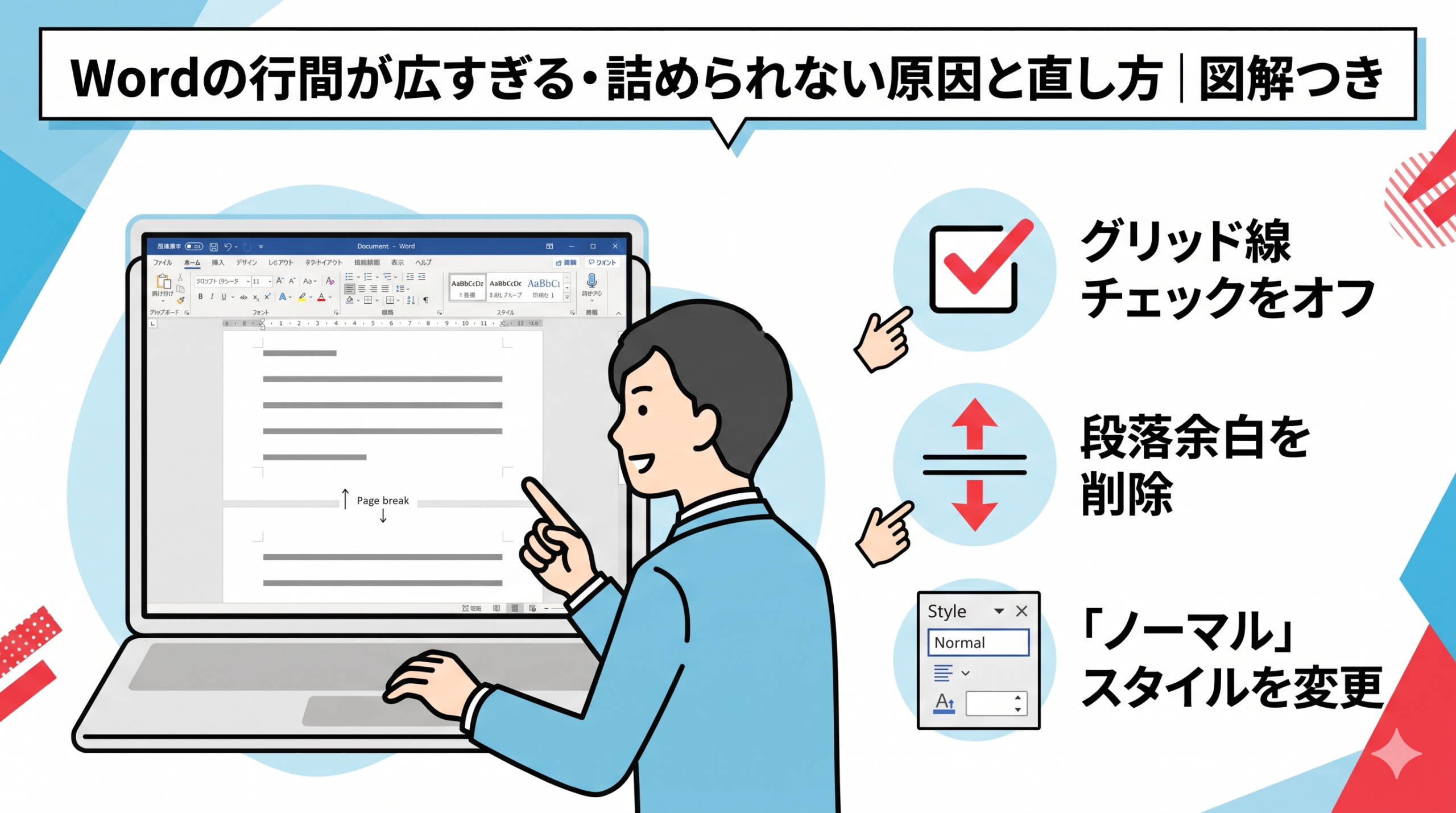 Wordの行間設定を確認する人物と、「行グリッド線に合わせる設定をオフ」「段落前後の余白を0pt」「標準スタイルの定義を変更」という3つの解決策を示した図解