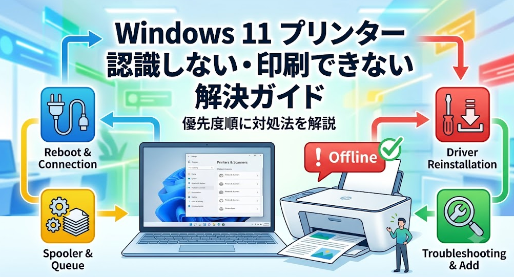 Windows 11 プリンター「認識しない・印刷できない」解決ガイド。優先度順の4つのステップ（再起動、スプーラー再起動、ドライバー再インストール、トラブルシューティング）をイラストとテキストで解説するアイキャッチ画像。