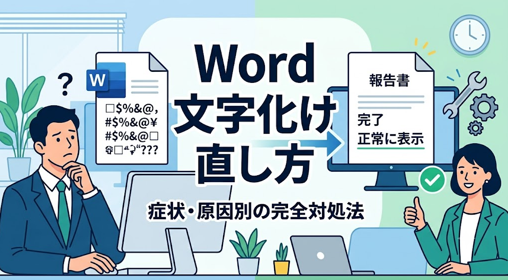 Wordの文字化け直し方を解説するブログ記事のサムネイル画像。左側に文字化けに困る男性、右側に解決して喜ぶ男性のイラストが描かれ、中央に『Word 文字化け 直し方 症状・原因別に対処』というタイトル文字が入っている。