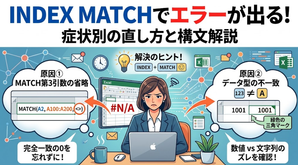 「INDEX MATCHでエラーが出る！症状別の直し方と構文解説」というテキストと、パソコンの前で#N/Aエラーに悩む女性、および原因となる「MATCH第3引数の省略」や「データ型の不一致」を示す図解