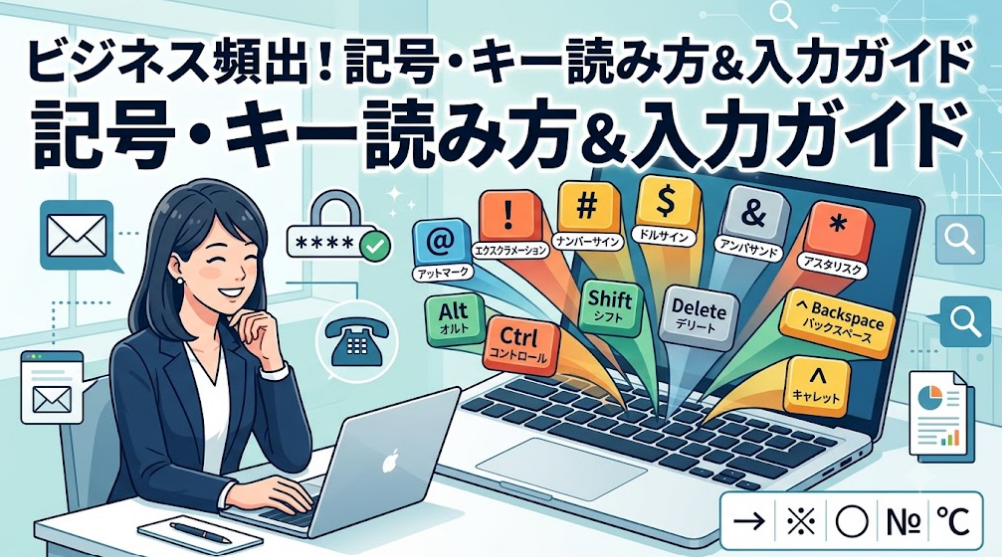 「ビジネス頻出！記号・キー読み方＆入力ガイド」のイラスト。混乱する女性と使いこなす女性の対比。