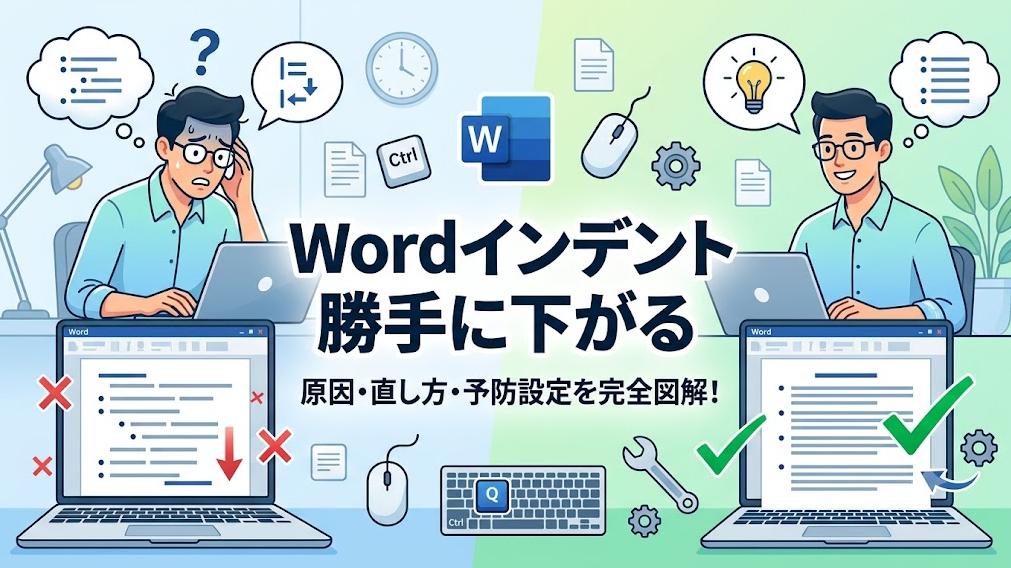 Wordで文章入力中にインデントが勝手に下がってしまうトラブルの解決方法を解説するブログ記事のサムネイル画像。左側に困惑する男性と崩れた文書、右側に解決して喜ぶ男性と整った文書のイラストが描かれている。中央に『Wordインデント 勝手に下がる 原因・直し方完全図解！』というテキスト。
