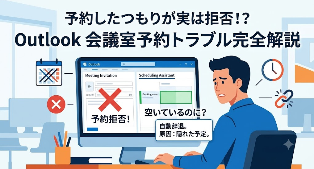 Outlookでの会議室予約トラブルを解説するイラスト。画面の「予約拒否」の文字を見て困惑する男性の様子。