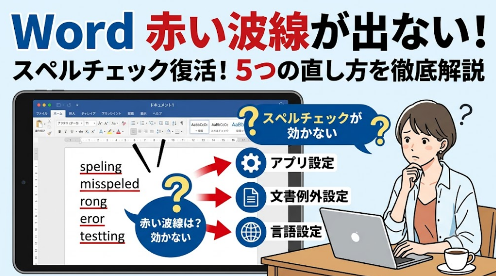 Wordで赤い波線が出ない・スペルチェックが効かない場合の5つの直し方を解説するアイキャッチ画像