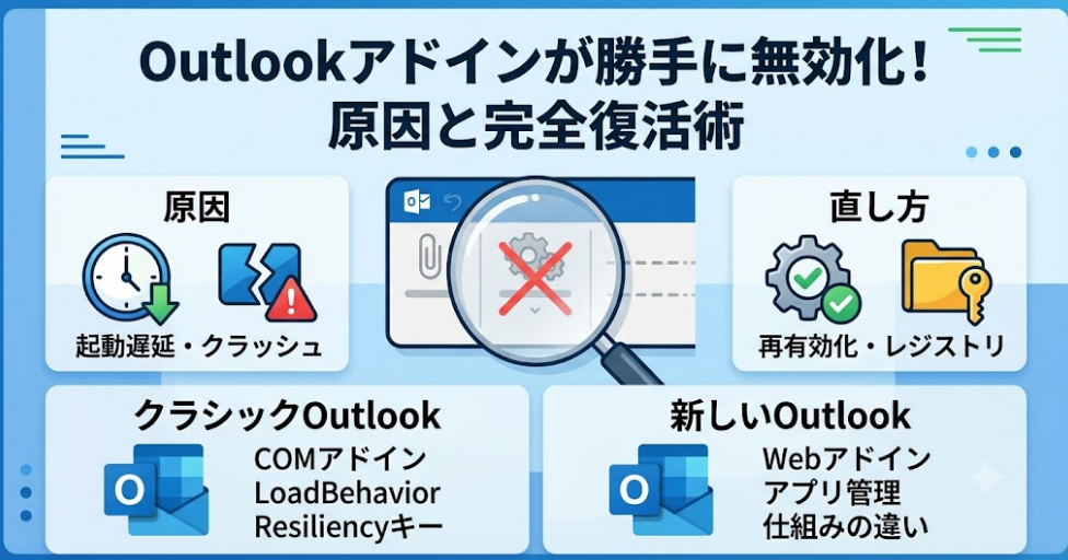 Outlookアドインが自動で無効化される原因（起動遅延・クラッシュ）と、レジストリ等を使った直し方、新旧Outlookの仕組みの違いをまとめた図解