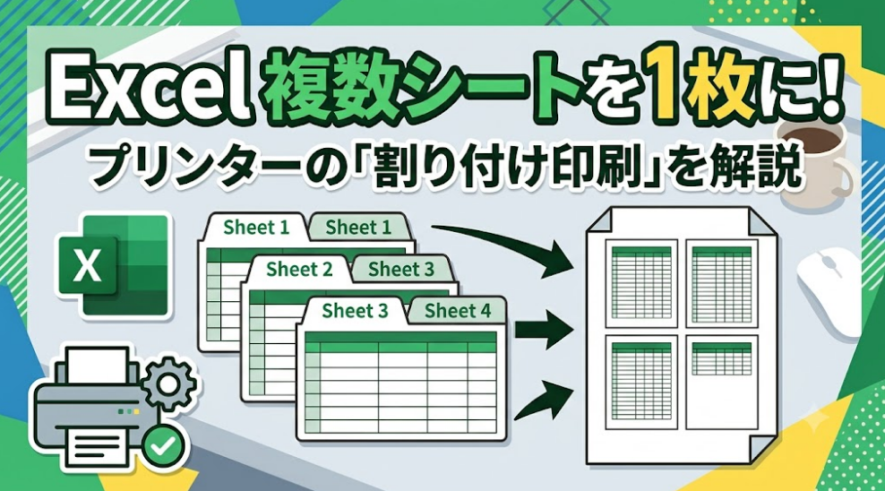 Excelの複数シートを1枚の用紙にまとめて印刷する方法（割り付け印刷）を解説するサムネイル画像。「Excel複数シートを1枚に！ プリンターの『割り付け印刷』を解説」という大きなタイトル。Excelロゴ、複数のシートから1枚に集約される様子を表すイラスト、設定完了を示すプリンターアイコンが描かれています。