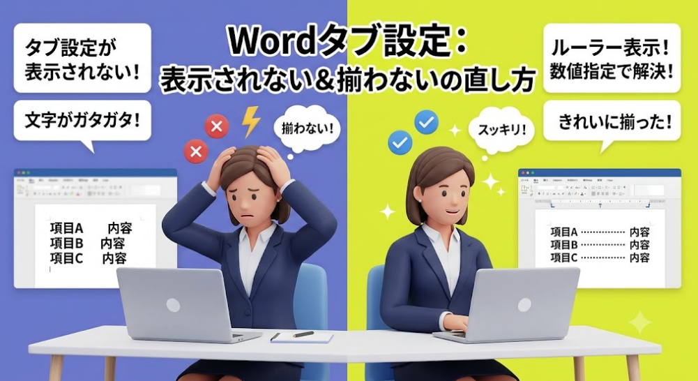 Wordのタブ設定で文字がガタガタな状態から、きれいに揃って悩みが解決したイメージ画像