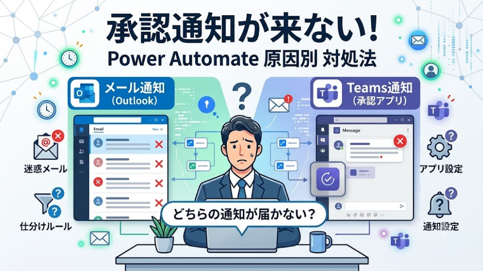 「承認通知が来ない！Power Automate 原因別 対処法」というタイトルと、メール通知（Outlook）とTeams通知（承認アプリ）のどちらが届かないのか悩むビジネスパーソンを描いた図解