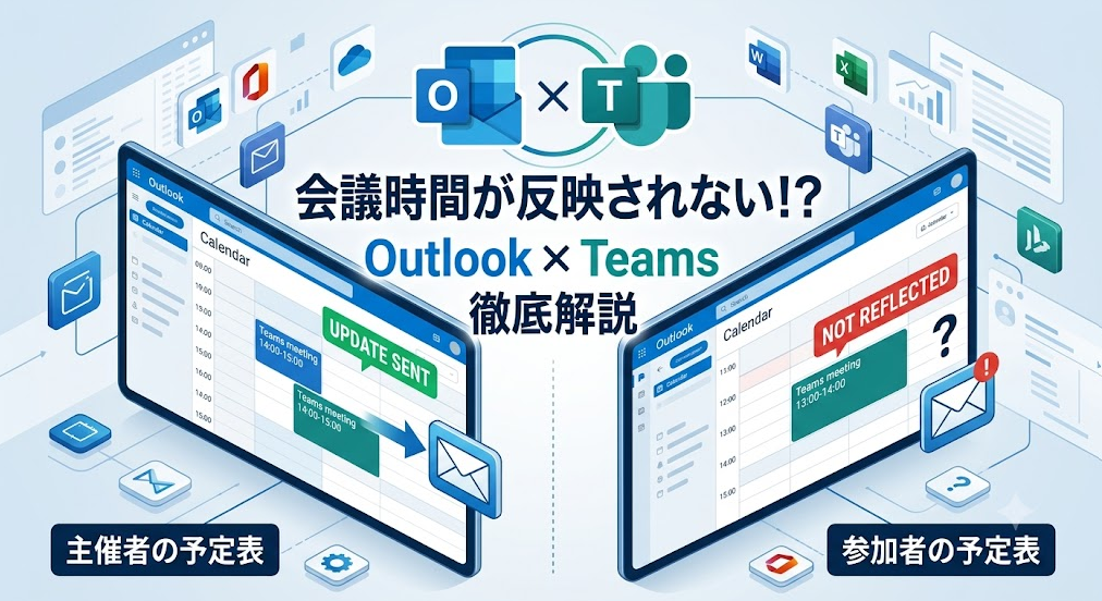 Outlook×Teams会議の時間が反映されないトラブルを解説するアイソメトリックイラスト。主催者の更新と参加者の未反映のカレンダーを対比。