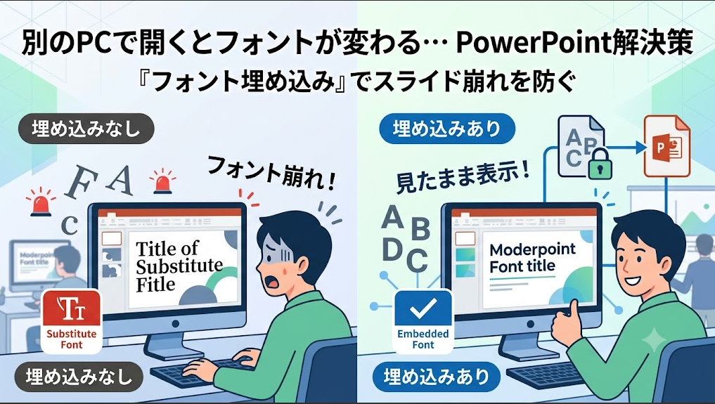 PowerPointのフォント埋め込みに関するブログ記事のサムネイル画像。画面が左右に分かれ、左側はフォントが崩れてショックを受けている人が『OUR PRESENTATION』の崩れたスライドを見ており、周囲に『フォント崩れ！』のテキストや substitute フォントのアイコンがある。右側は笑顔で自信ありげな人が、埋め込みによって元の美しいフォントのまま表示されている同じスライドを見ており、周囲に『見たまま表示！』のテキストや embedded フォントのアイコンがある。上部には『別のPCで開くとフォントが変わる… PowerPoint解決策』と『「フォント埋め込み」でスライド崩れを防ぐ』という日本語テキストが書かれている。モダンなイラストスタイル。