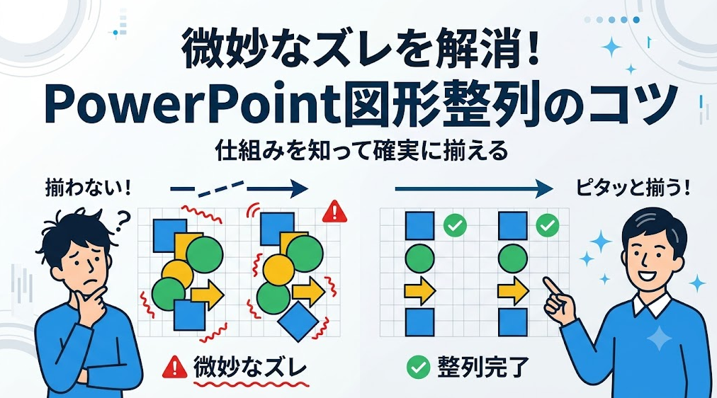 パワーポイントで図形が揃わない悩みを解決するためのブログ記事サムネイル。左側には困惑した表情の人物と、重なり合ってバラバラになった多様な図形が『微妙なズレ』として描かれ、赤い警告アイコンと『揃わない！』のテキストがある。右側には笑顔の人物と、グリッド線の上に完璧に整列した図形が『整列完了』として描かれ、緑のチェックマークと『ピタッと揃う！』のテキストがある。上部には『微妙なズレを解消！』『PowerPoint図形整列のコツ』という大きな日本語テキストと、『仕組みを知って確実に揃える』というサブテキストがある。クリーンでモダンなフラットイラストデザイン。